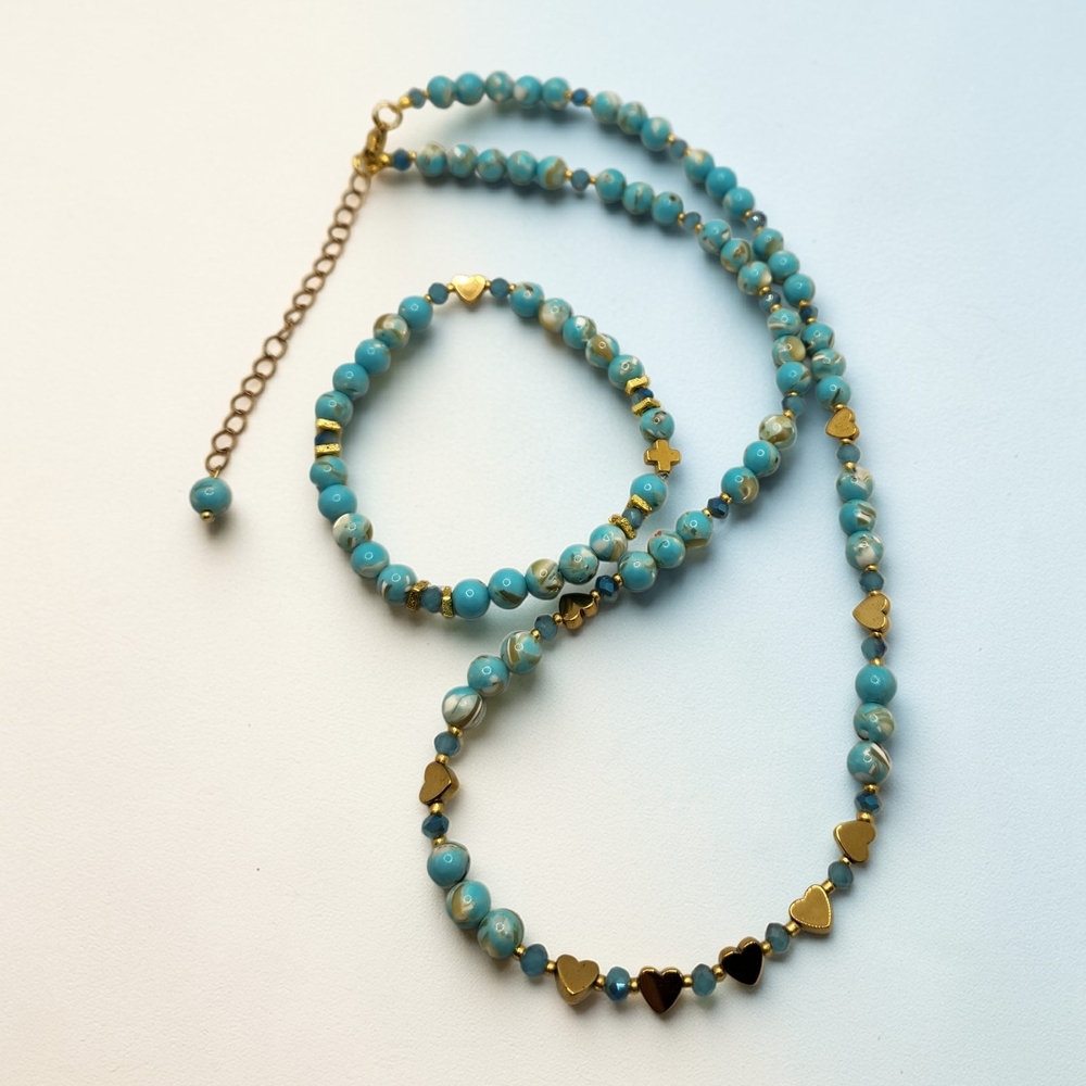 Turquoise Gold Heart Beaded Necklace & Bracelet Set